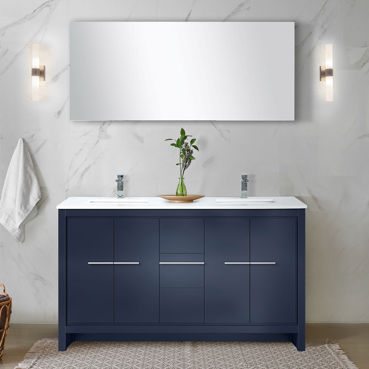 Navy Blue Double Bath Vanity 60 in. W x 20 in. D, White Quartz Top and Chrome Faucet Set