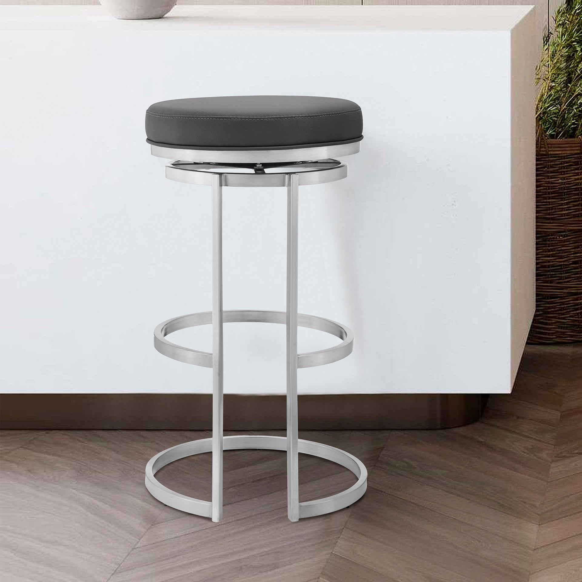 Quinix 30" Gray Faux Leather and Brushed Stainless Steel Swivel Bar Stool