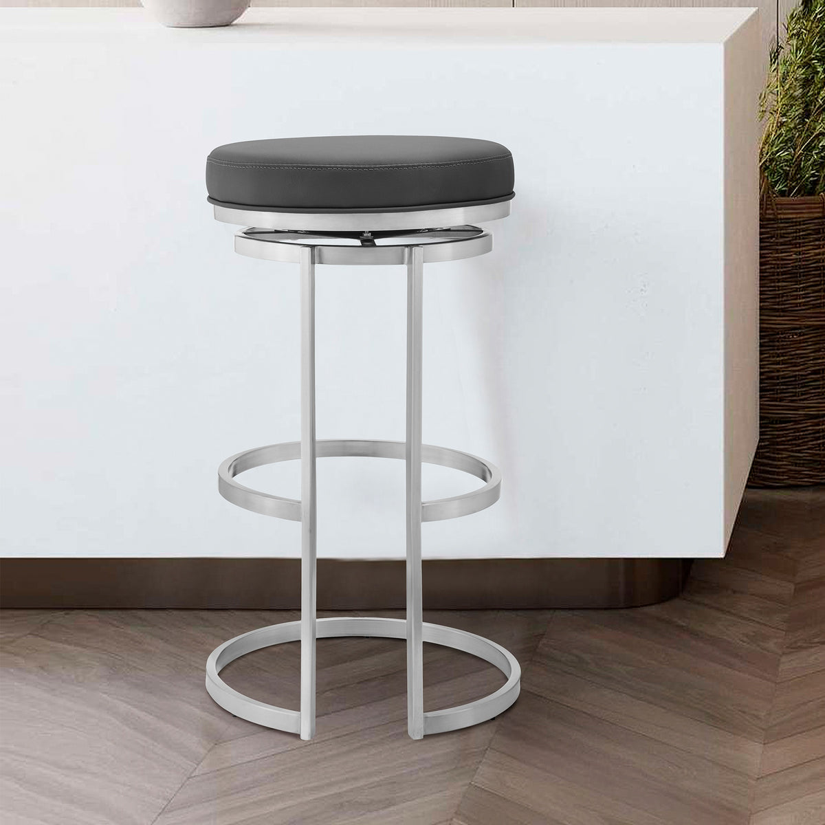 Quinix 30" Gray Faux Leather and Brushed Stainless Steel Swivel Bar Stool