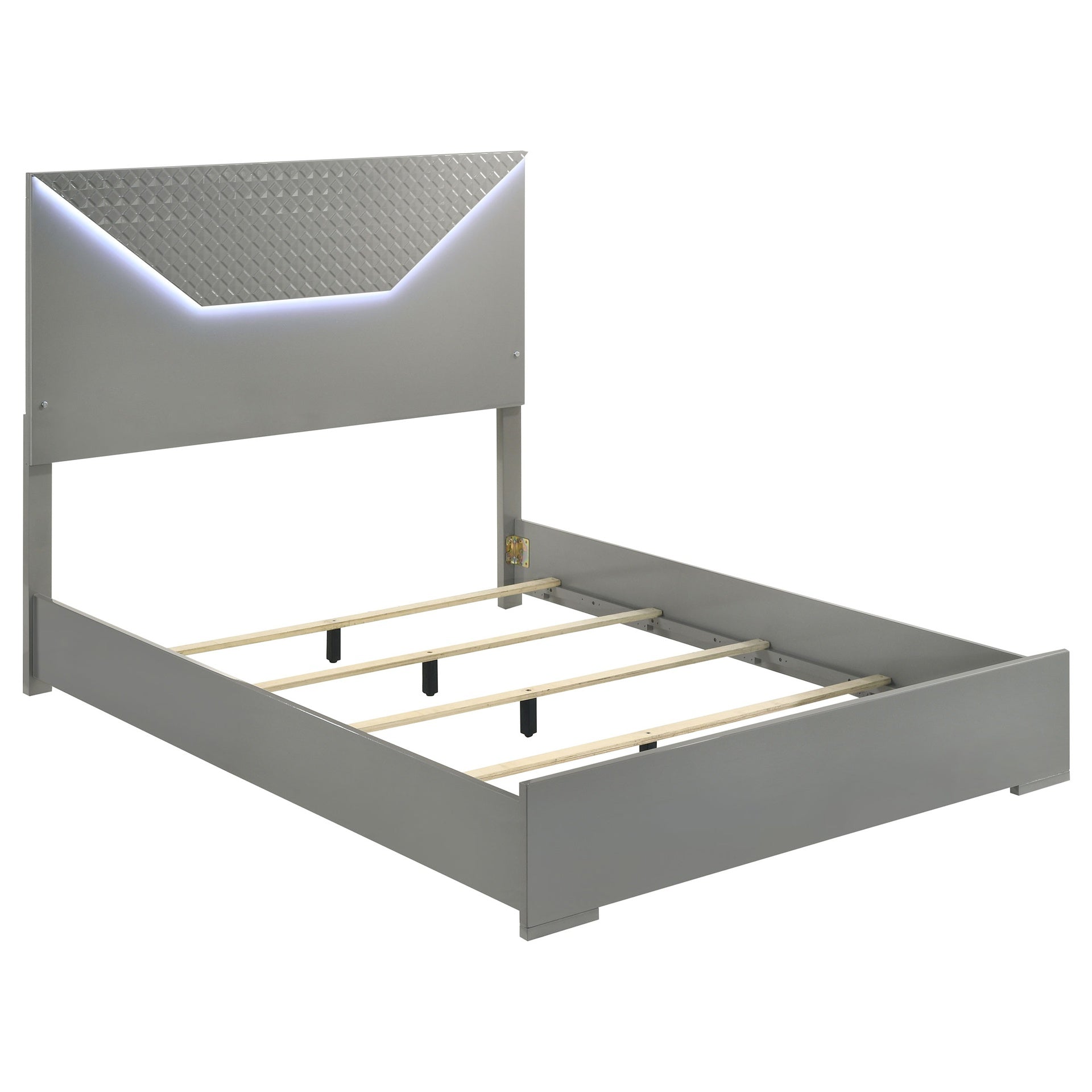 Pierce Grey High Gloss Queen Panel Bed LED Headboard