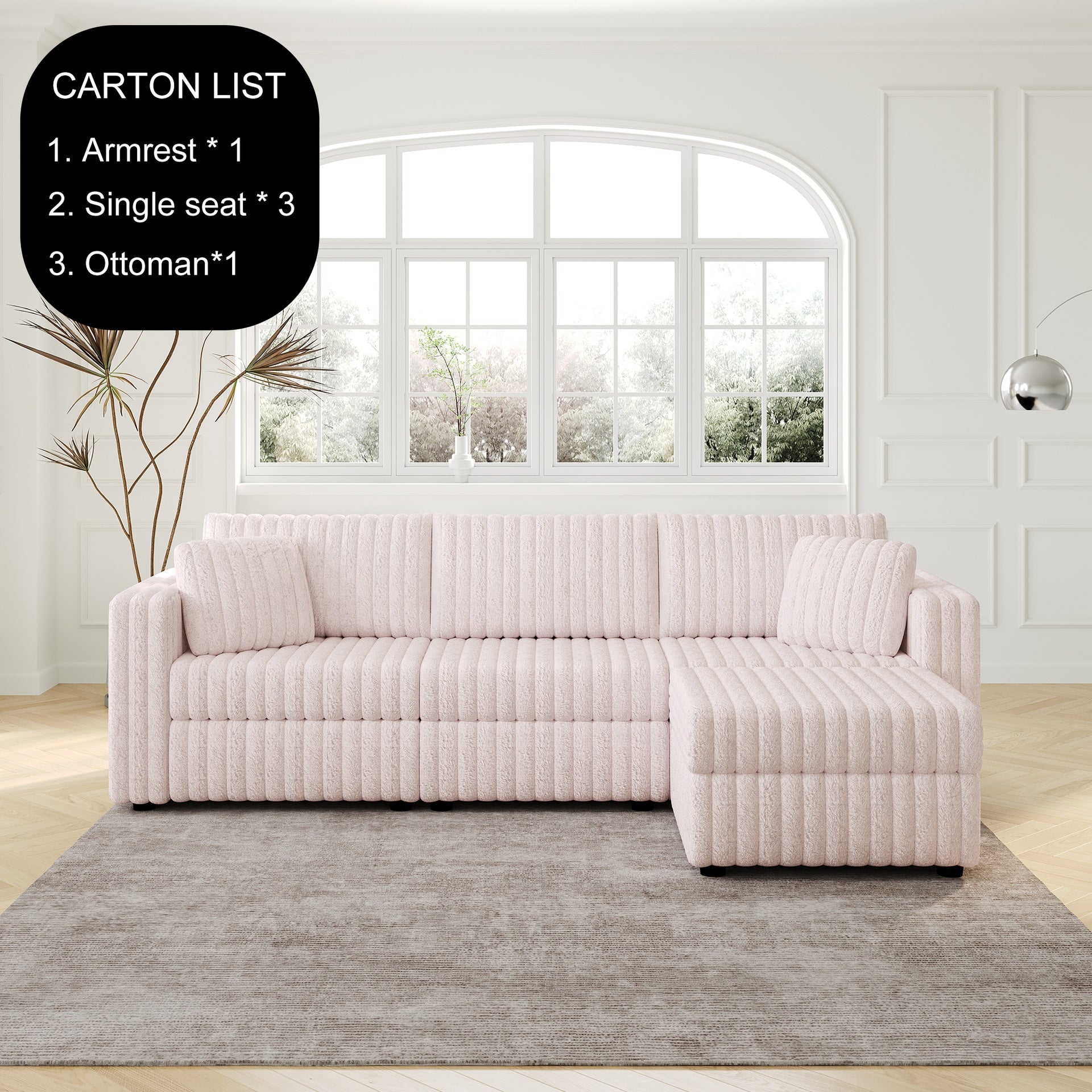 106.3" Soft  3-Person Sofa. Matches 30.7" Ottoman with Hydraulic Lift. Comfortable & Stylish. For Bedroom Light Pink.