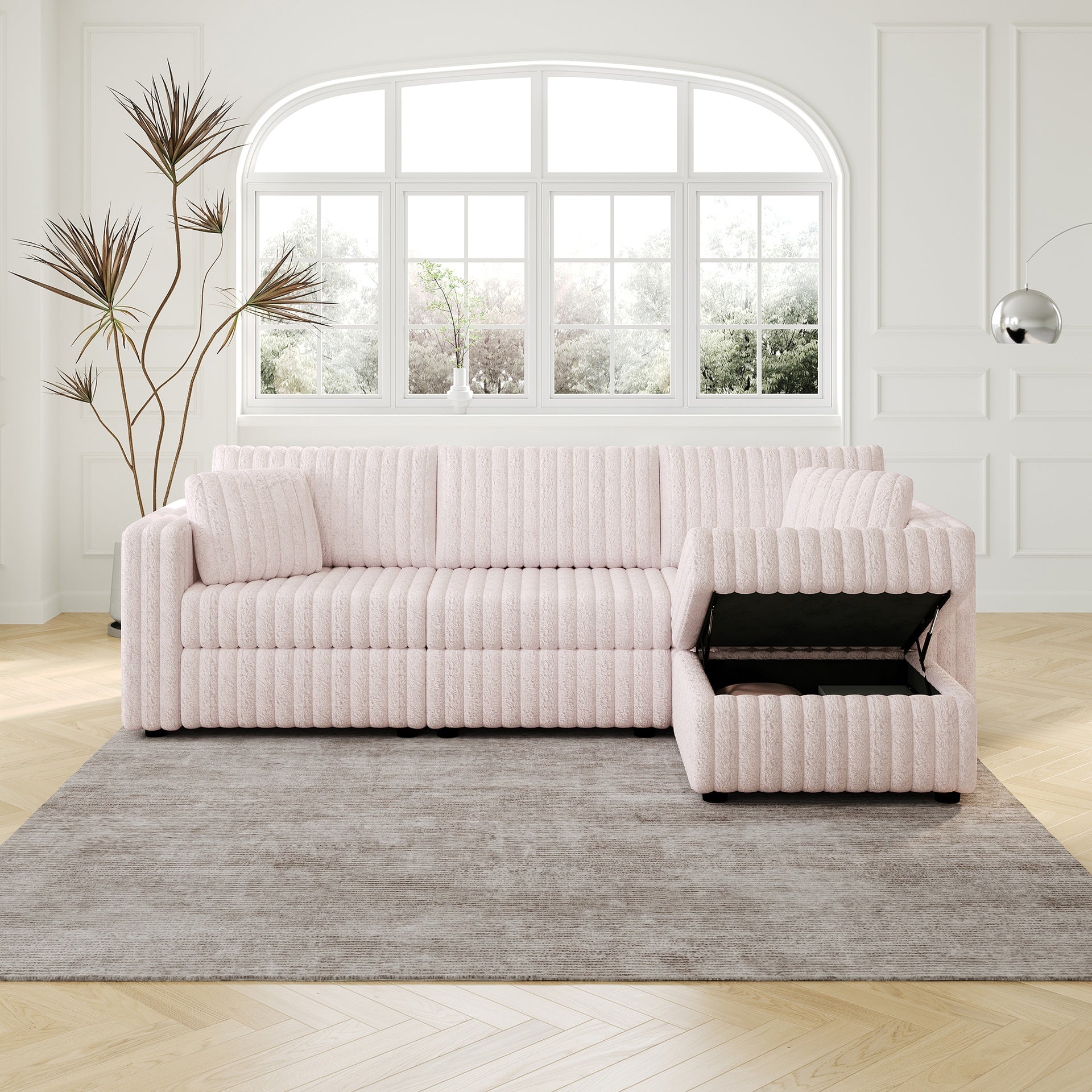 106.3" Soft  3-Person Sofa. Matches 30.7" Ottoman with Hydraulic Lift. Comfortable & Stylish. For Bedroom Light Pink.