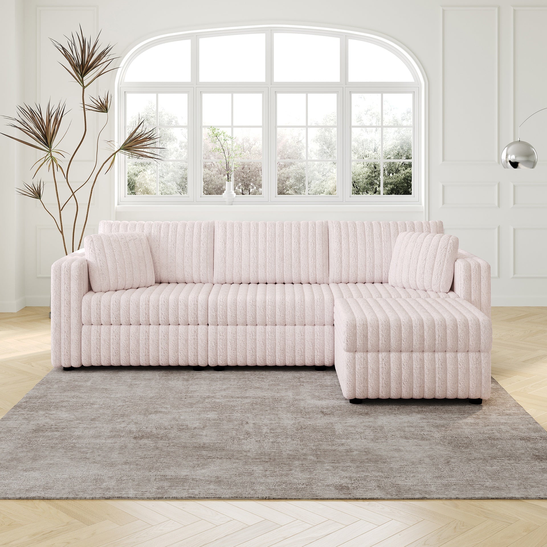 106.3" Soft  3-Person Sofa. Matches 30.7" Ottoman with Hydraulic Lift. Comfortable & Stylish. For Bedroom Light Pink.
