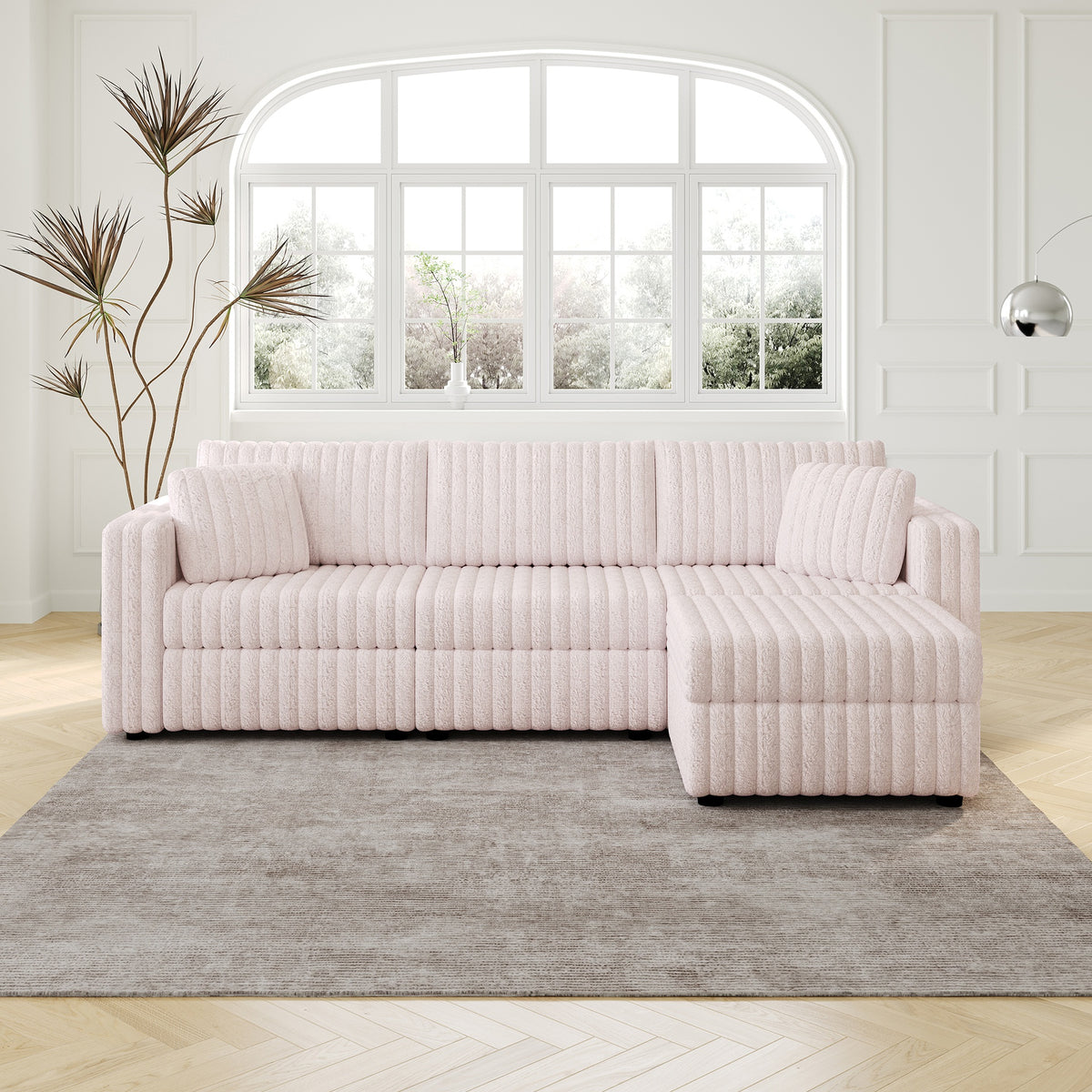106.3" Soft  3-Person Sofa. Matches 30.7" Ottoman with Hydraulic Lift. Comfortable & Stylish. For Bedroom Light Pink.