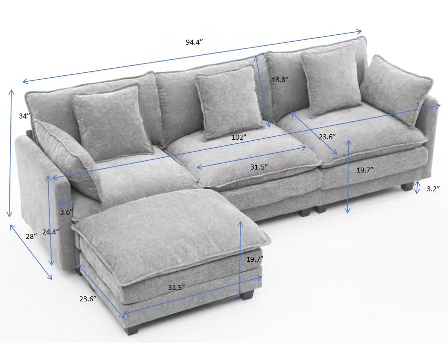 gray color  3-seat combo sofa with storage ottoman for living room apartment bedroom and compact room, Upholstered sectional Couch, L Shaped Bench with ottoman