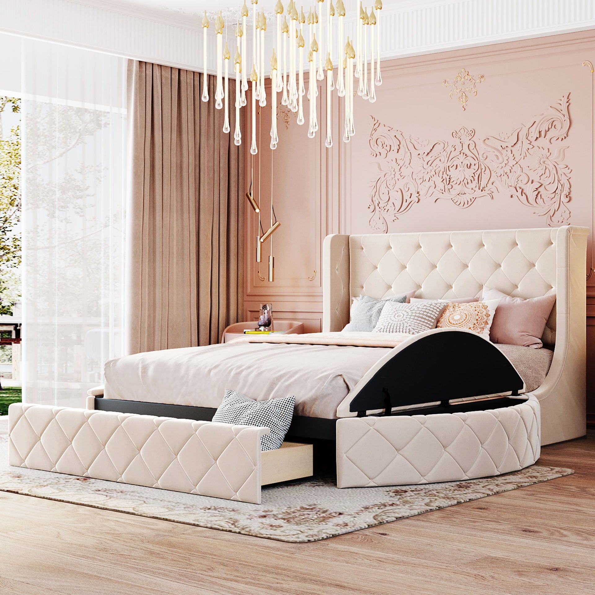 Upholstered Platform Bed Queen Size Storage Velvet Bed with Wingback Headboard and 1 Big Drawer,2 Side Storage Stool(Beige)(Old sku: LP000815AAA)