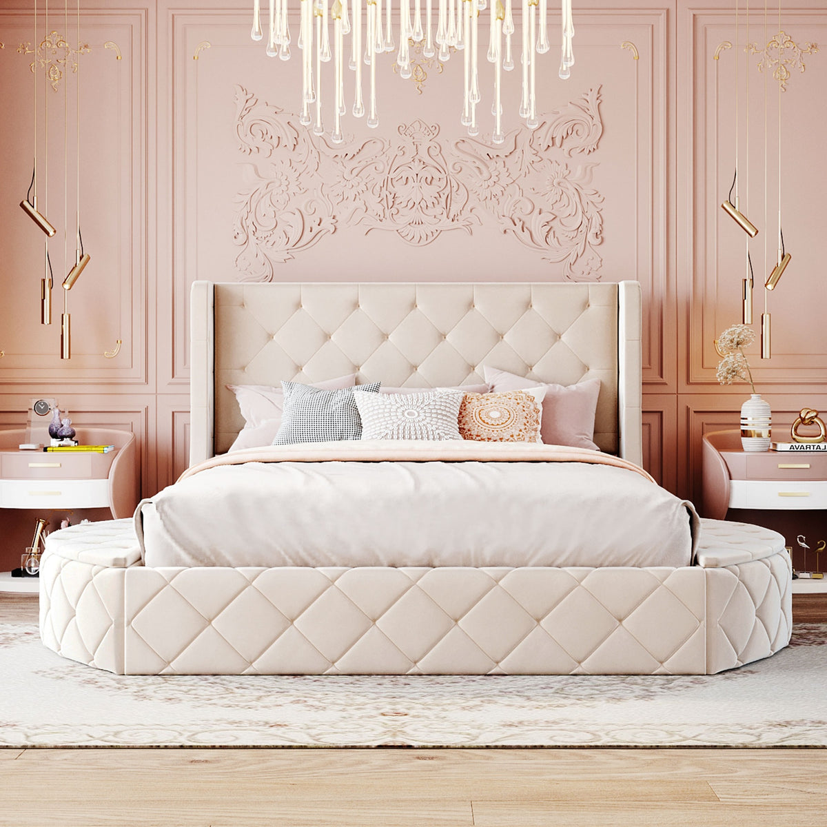 Upholstered Platform Bed Queen Size Storage Velvet Bed with Wingback Headboard and 1 Big Drawer,2 Side Storage Stool(Beige)(Old sku: LP000815AAA)