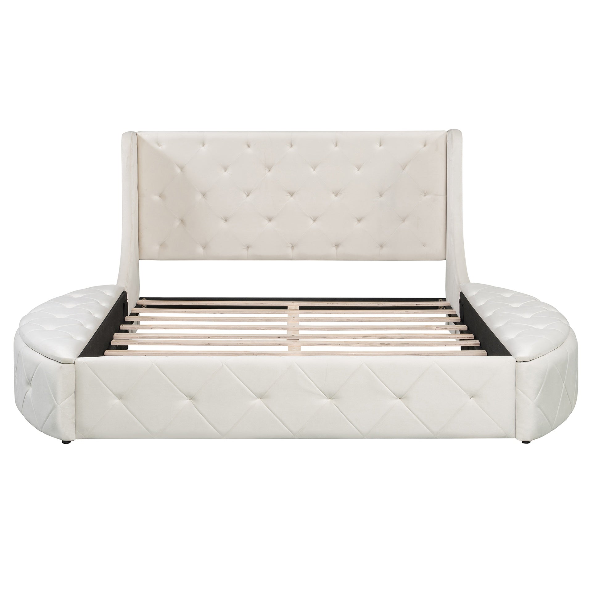 Upholstered Platform Bed Queen Size Storage Velvet Bed with Wingback Headboard and 1 Big Drawer,2 Side Storage Stool(Beige)(Old sku: LP000815AAA)