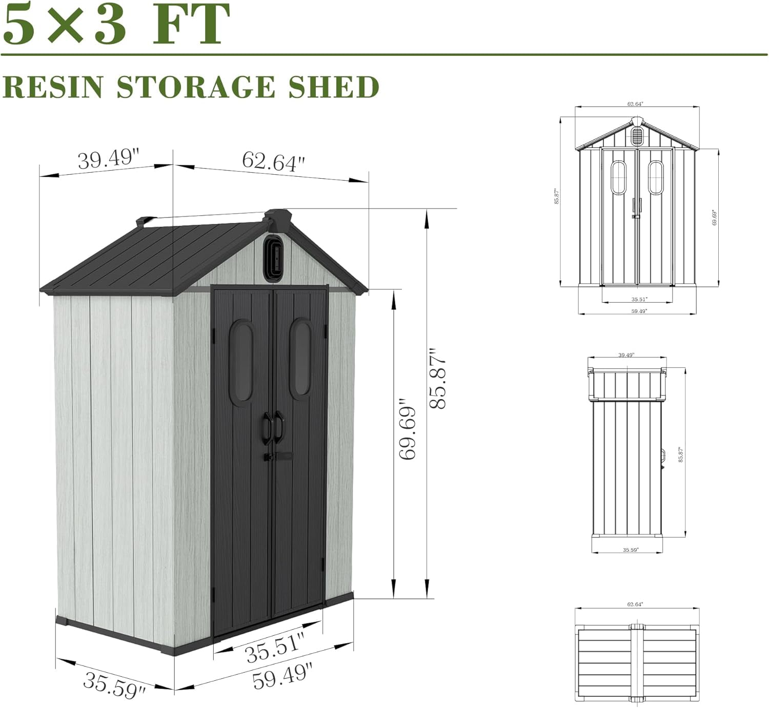 5x3FT Outdoor Resin Storage Shed with Transparent Windows & Louvered Vents, Plastic Tool Shed with Double Lockable Doors & Gable Roof, Outside Garden Shed for Backyard, Patio, Lawn, Gray