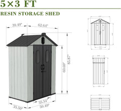 5x3FT Outdoor Resin Storage Shed with Transparent Windows & Louvered Vents, Plastic Tool Shed with Double Lockable Doors & Gable Roof, Outside Garden Shed for Backyard, Patio, Lawn, Gray