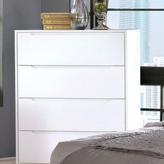 Modern Mid-Century Chest Four Drawers Recessed Handle Tapered Round Legs White Finish Bedroom