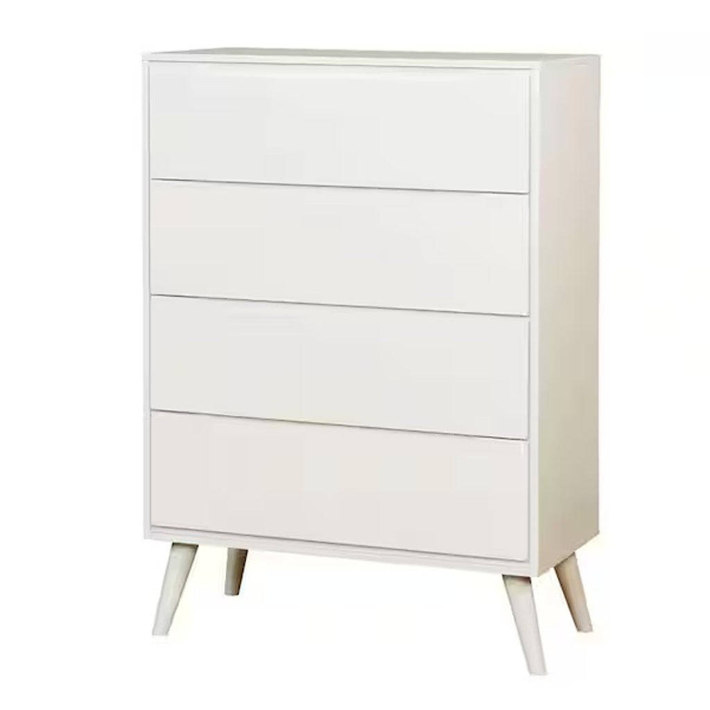 Modern Mid-Century Chest Four Drawers Recessed Handle Tapered Round Legs White Finish Bedroom