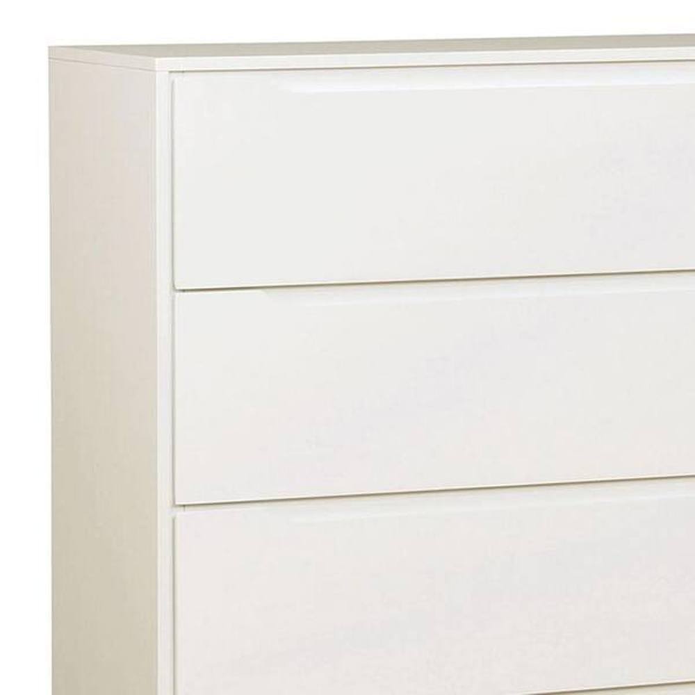 Modern Mid-Century Chest Four Drawers Recessed Handle Tapered Round Legs White Finish Bedroom