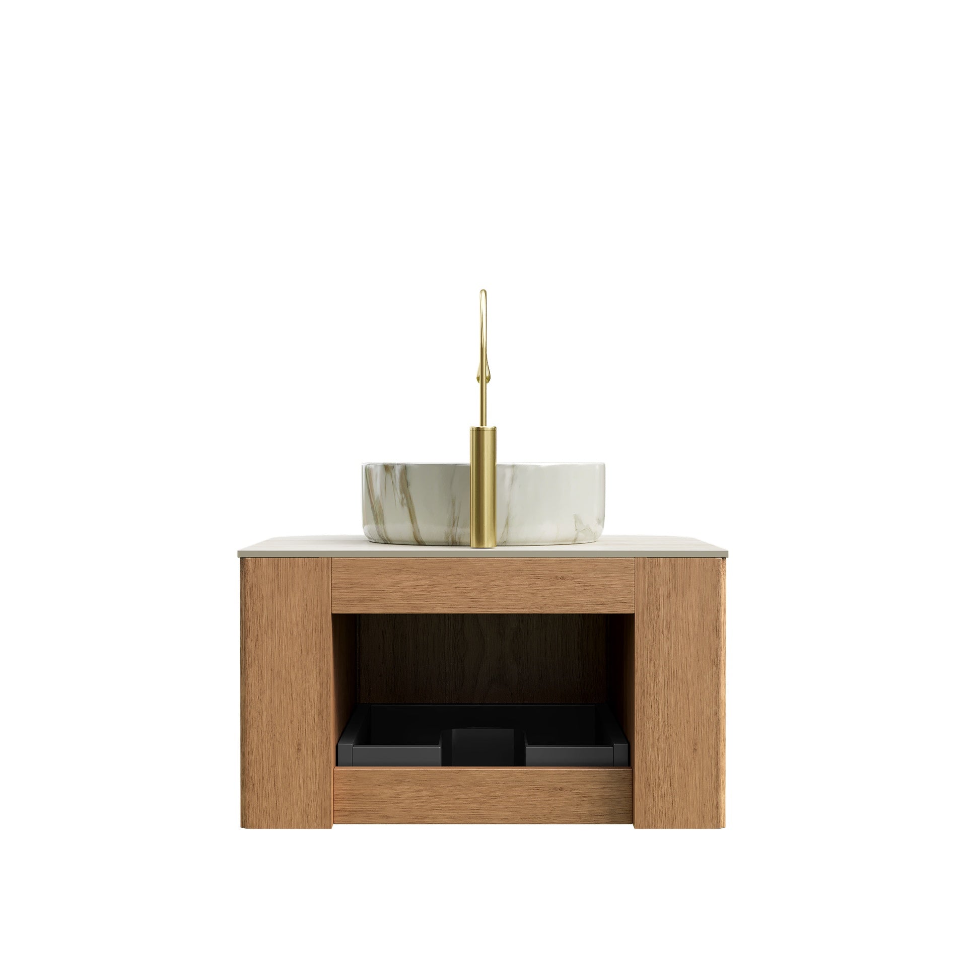 DINA 24" Bathroom Vanity&Sink, Floating Curved Edges Striped Cabinet with Drawer, Round Ceramic Basin with Stone Pattern&Travertine-Pattern Sintered Stone Top, Pre-assembled, Natural Woodgrain Color