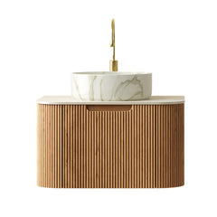 DINA 24" Bathroom Vanity&Sink, Floating Curved Edges Striped Cabinet with Drawer, Round Ceramic Basin with Stone Pattern&Travertine-Pattern Sintered Stone Top, Pre-assembled, Natural Woodgrain Color