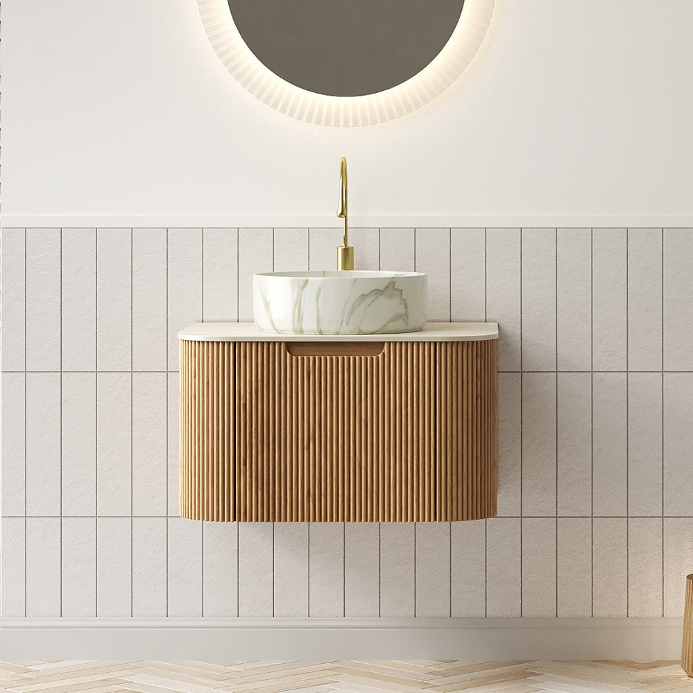 DINA 24" Bathroom Vanity&Sink, Floating Curved Edges Striped Cabinet with Drawer, Round Ceramic Basin with Stone Pattern&Travertine-Pattern Sintered Stone Top, Pre-assembled, Natural Woodgrain Color