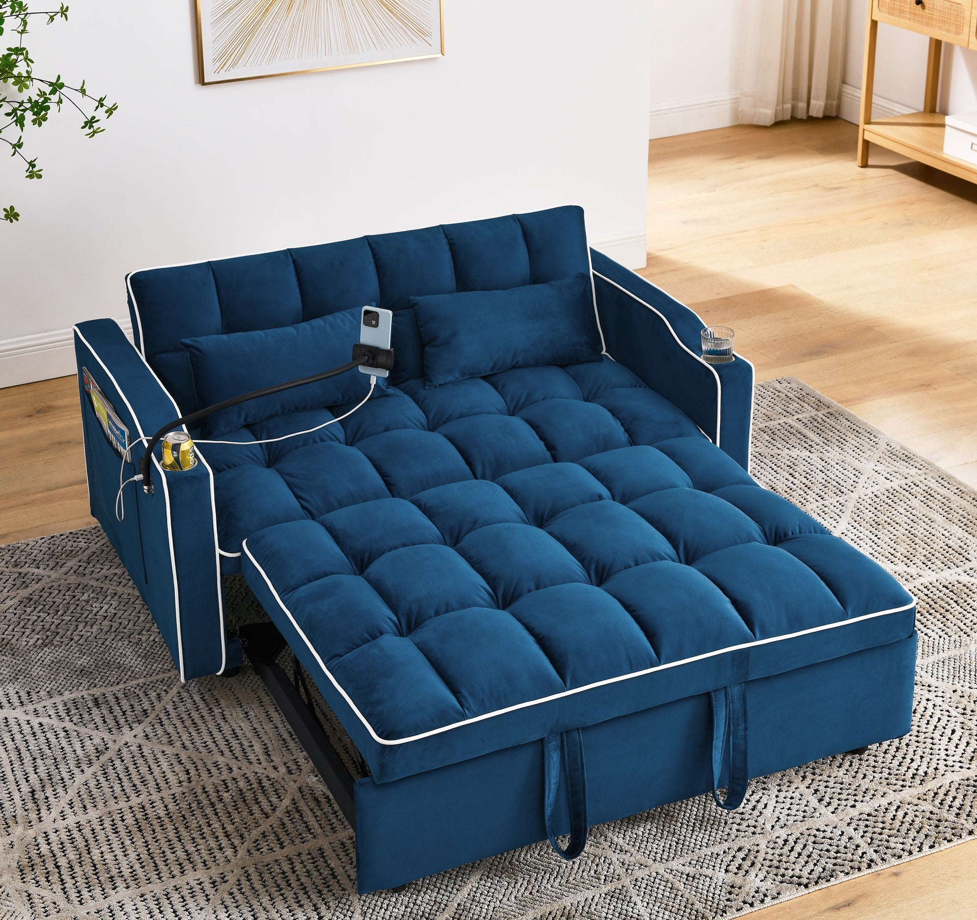 55.51 inch versatile foldable sofa bed in 3 lengths, modern sofa sofa sofa velvet pull-out bed, adjustable back and with USB port and ashtray and swivel phone stand (BLUE)