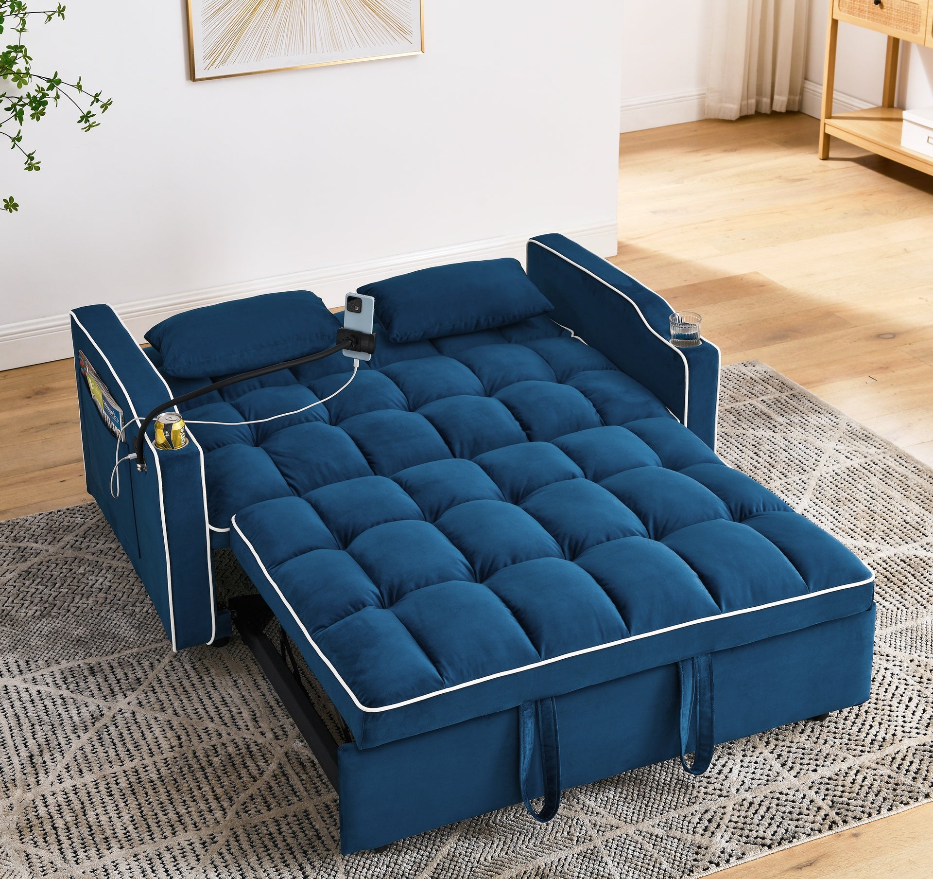 55.51 inch versatile foldable sofa bed in 3 lengths, modern sofa sofa sofa velvet pull-out bed, adjustable back and with USB port and ashtray and swivel phone stand (BLUE)