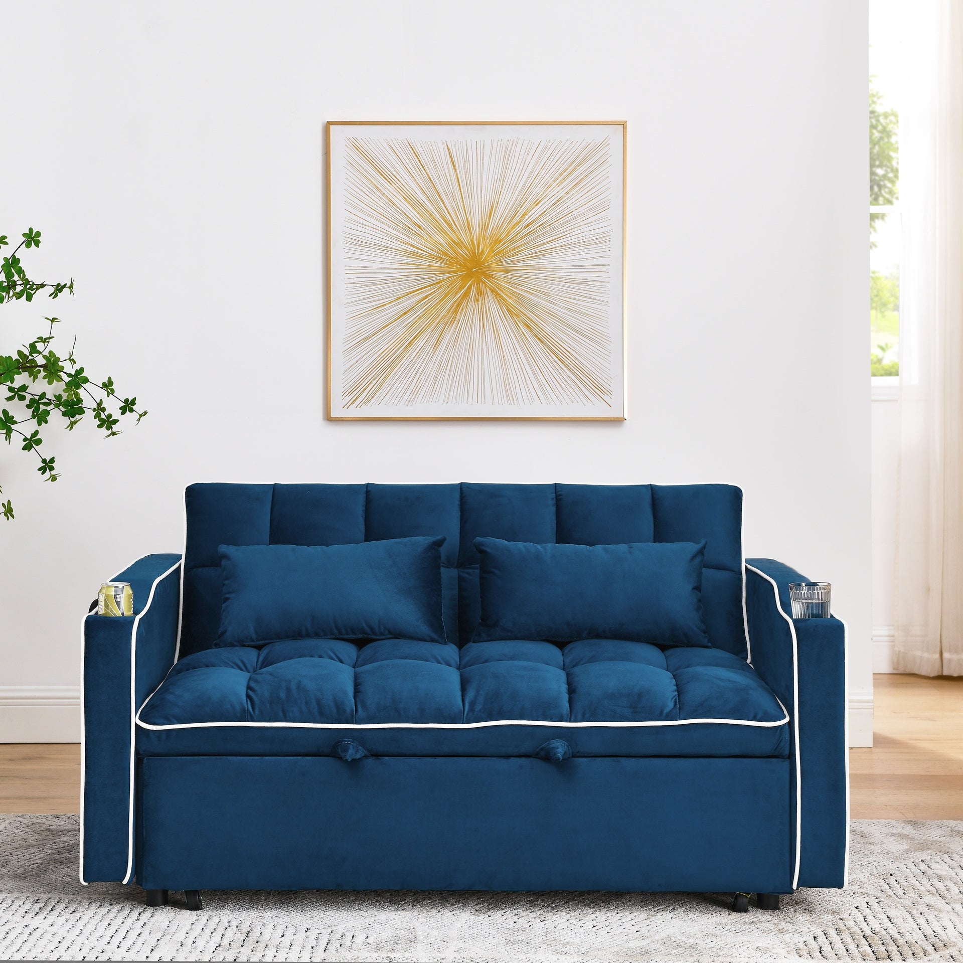 55.51 inch versatile foldable sofa bed in 3 lengths, modern sofa sofa sofa velvet pull-out bed, adjustable back and with USB port and ashtray and swivel phone stand (BLUE)