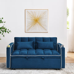 55.51 inch versatile foldable sofa bed in 3 lengths, modern sofa sofa sofa velvet pull-out bed, adjustable back and with USB port and ashtray and swivel phone stand (BLUE)