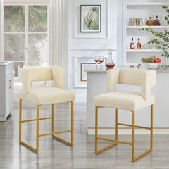 Modern Fashion Counter Height Bar Stools with Unique Square Open Backrest, Set of 2 Versatile Bar Chairs with  Sturdy Iron Legs, 26" H Counter Height Chairs for kitchen islands, Cream /Gold