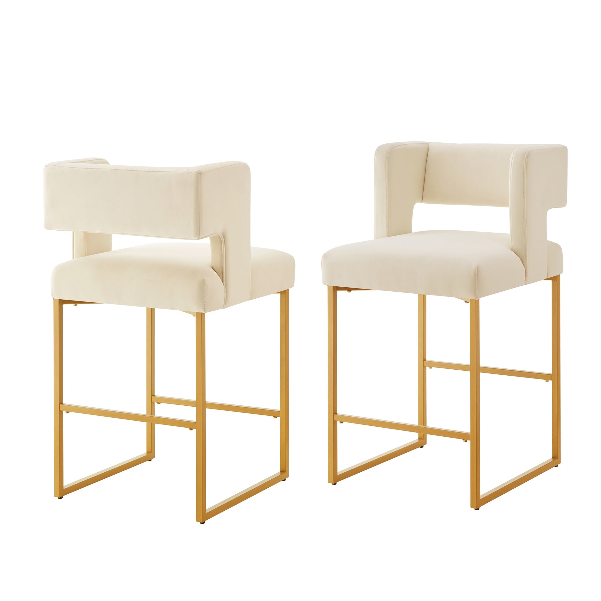 Modern Fashion Counter Height Bar Stools with Unique Square Open Backrest, Set of 2 Versatile Bar Chairs with  Sturdy Iron Legs, 26" H Counter Height Chairs for kitchen islands, Cream /Gold