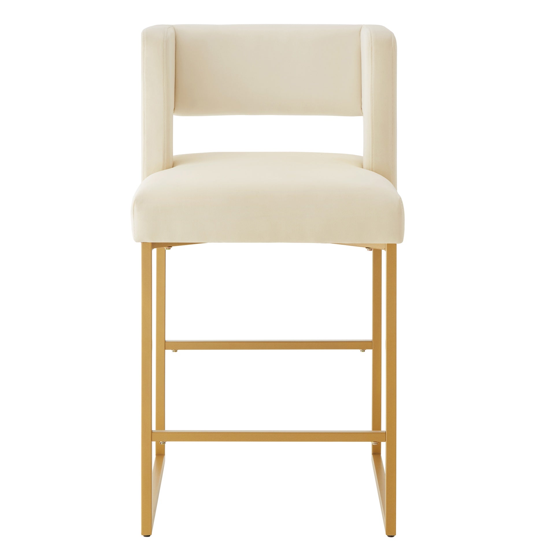 Modern Fashion Counter Height Bar Stools with Unique Square Open Backrest, Set of 2 Versatile Bar Chairs with  Sturdy Iron Legs, 26" H Counter Height Chairs for kitchen islands, Cream /Gold
