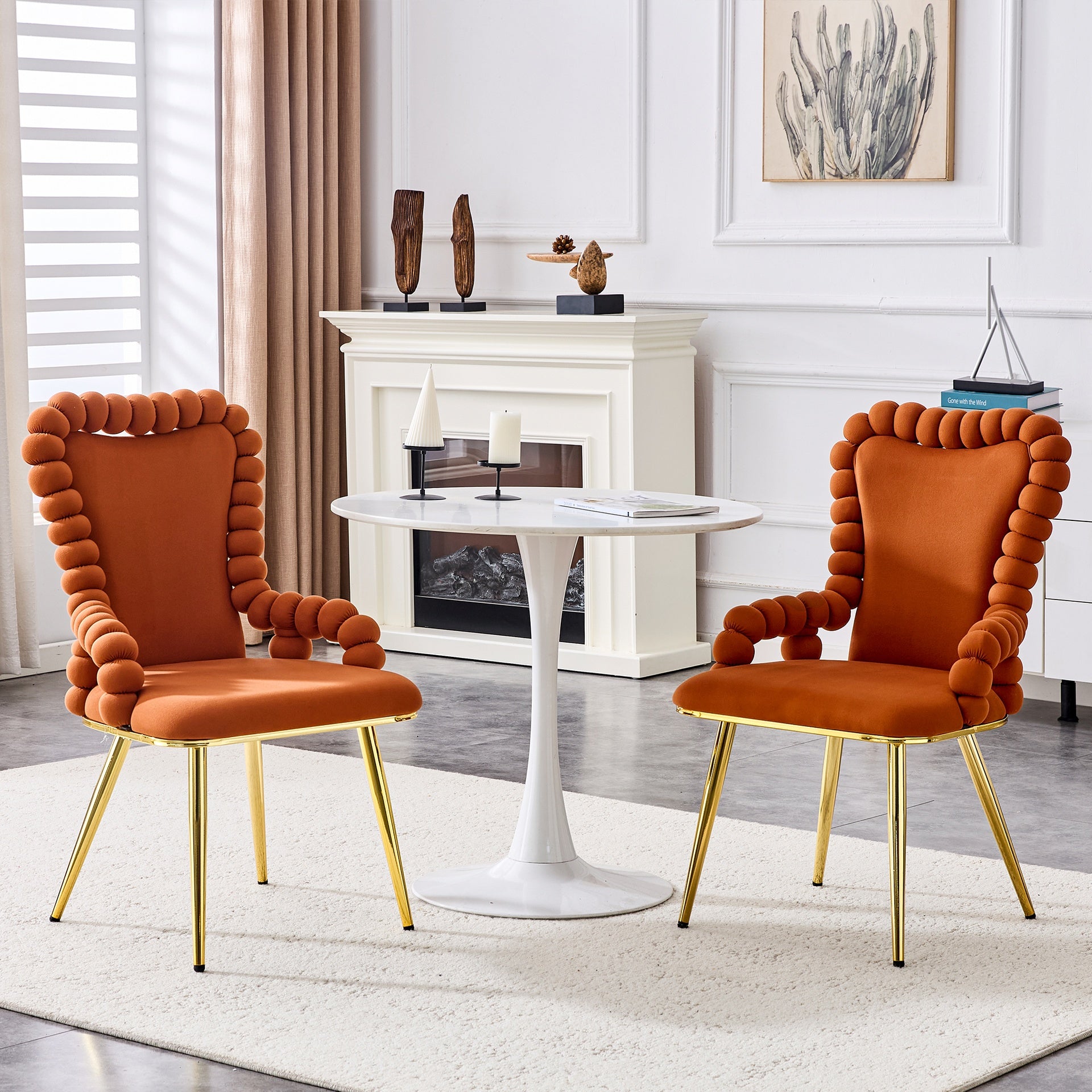 Set of 2 Brown Puffy Bubble Chair Ball Chain Chair Velvet Dining Chairs with Gold Legs, Upholstered Accent Chairs with Armrests for Dining Room, Kitchen
