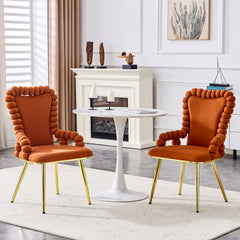 Set of 2 Brown Puffy Bubble Chair Ball Chain Chair Velvet Dining Chairs with Gold Legs, Upholstered Accent Chairs with Armrests for Dining Room, Kitchen