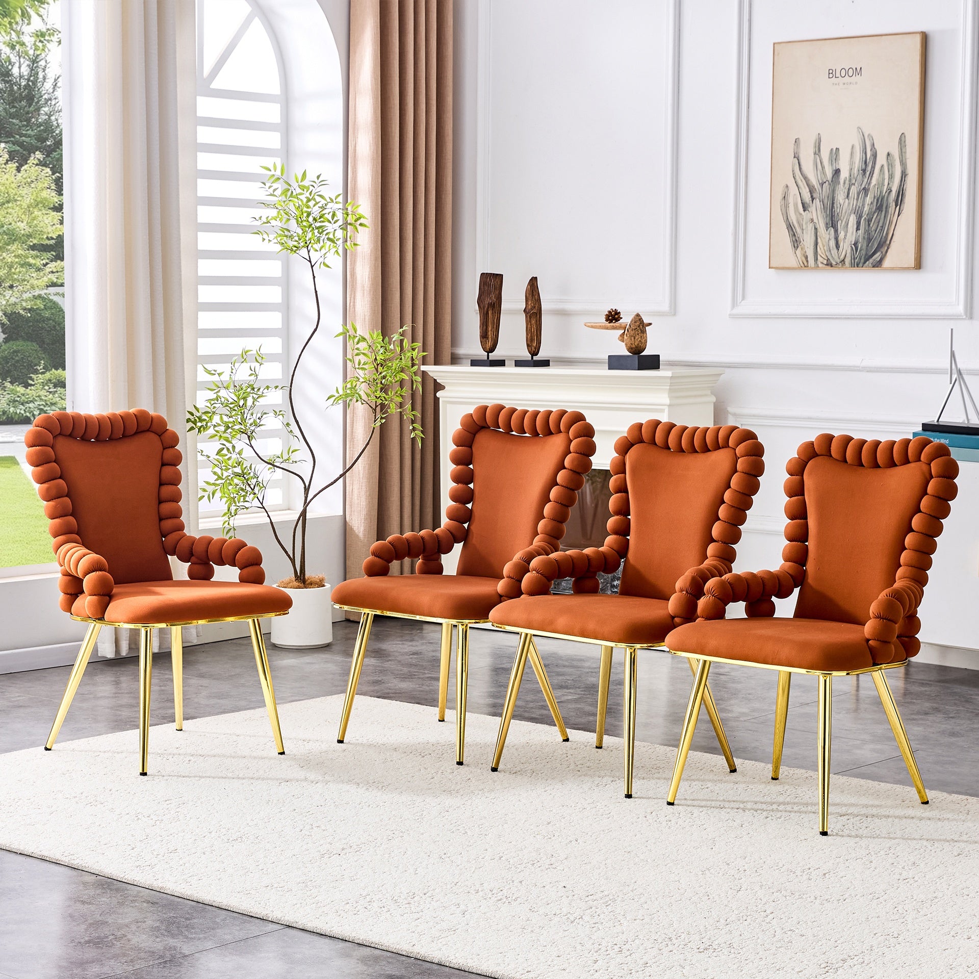 Set of 2 Brown Puffy Bubble Chair Ball Chain Chair Velvet Dining Chairs with Gold Legs, Upholstered Accent Chairs with Armrests for Dining Room, Kitchen