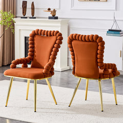 Set of 2 Brown Puffy Bubble Chair Ball Chain Chair Velvet Dining Chairs with Gold Legs, Upholstered Accent Chairs with Armrests for Dining Room, Kitchen