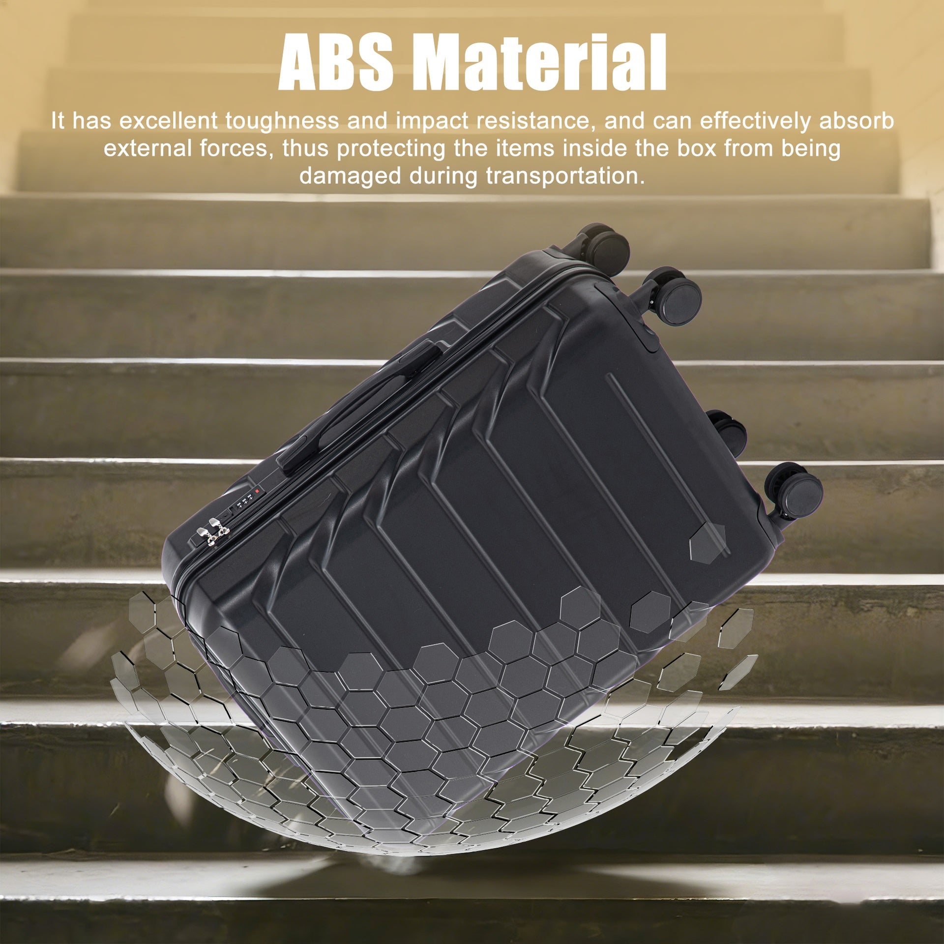 28 Inch ABS Hard Shell Large Travel Checked Luggage - Scratch Resistant Surface Four Multi-Directional Wheels,  With Combination Lock and Side Hooks .(Black)