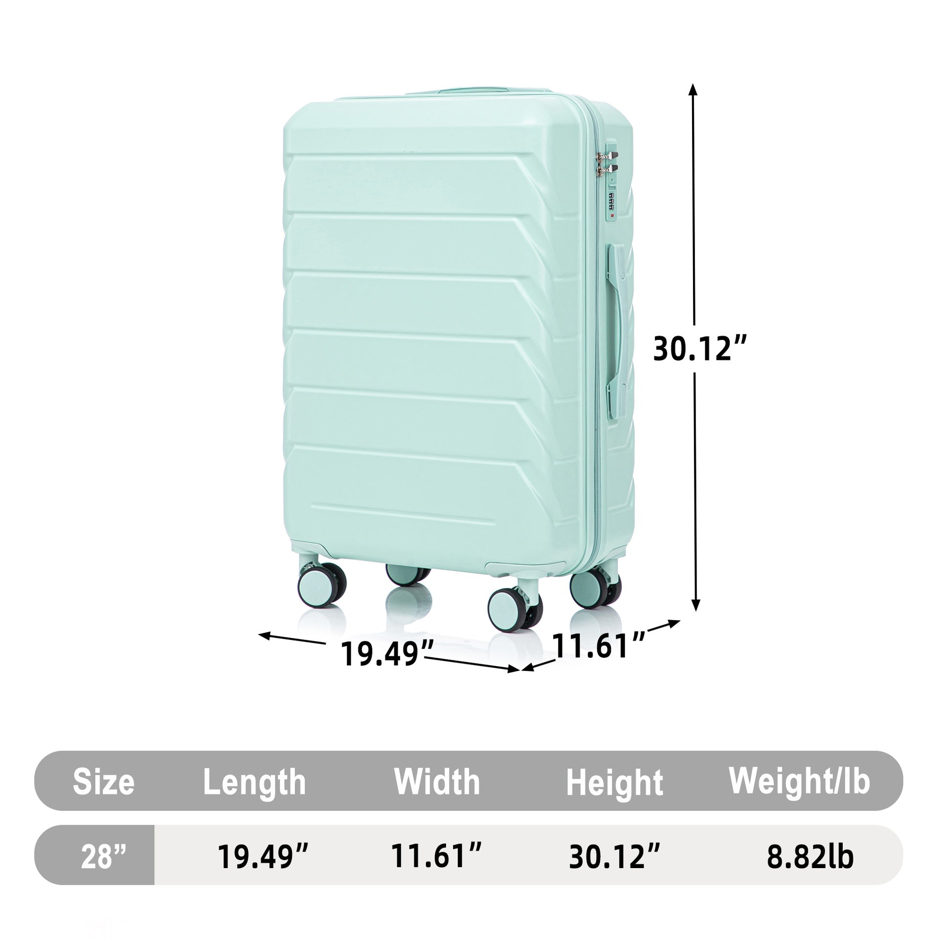 28 Inch ABS Hard Shell Large Travel Checked Luggage - Scratch Resistant Surface Four Multi-Directional Wheels,  With Combination Lock and Side Hooks .(Mint Green)