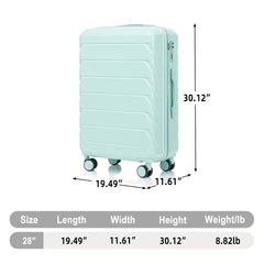 28 Inch ABS Hard Shell Large Travel Checked Luggage - Scratch Resistant Surface Four Multi-Directional Wheels,  With Combination Lock and Side Hooks .(Mint Green)