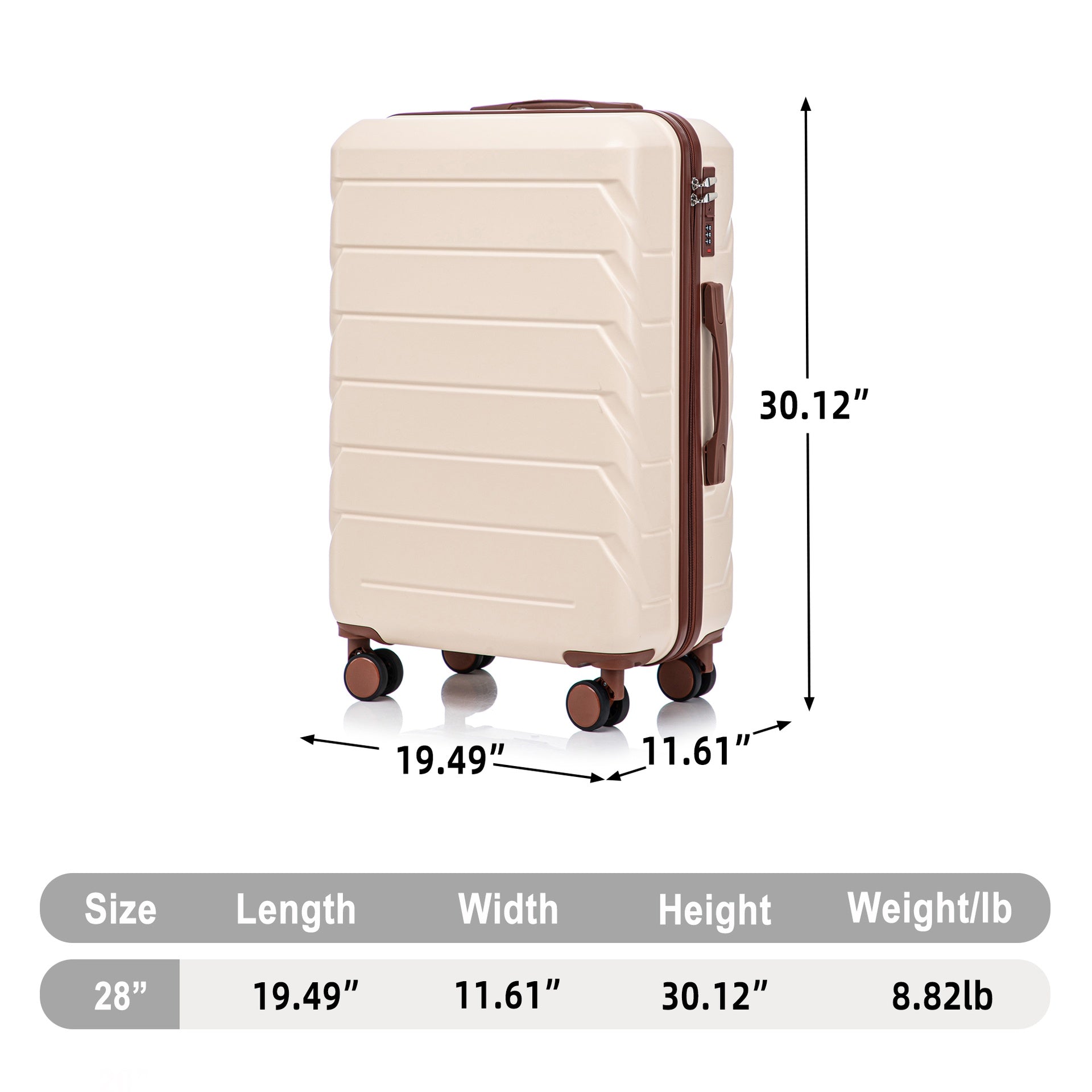 28 Inch ABS Hard Shell Large Travel Checked Luggage - Scratch Resistant Surface Four Multi-Directional Wheels,  With Combination Lock and Side Hooks .(Beige)