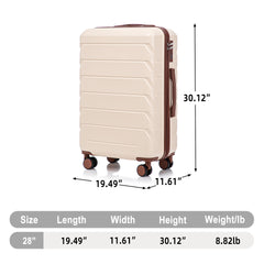 28 Inch ABS Hard Shell Large Travel Checked Luggage - Scratch Resistant Surface Four Multi-Directional Wheels,  With Combination Lock and Side Hooks .(Beige)