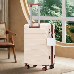 28 Inch ABS Hard Shell Large Travel Checked Luggage - Scratch Resistant Surface Four Multi-Directional Wheels,  With Combination Lock and Side Hooks .(Beige)