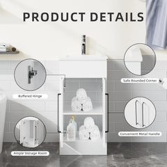 Goodyo 16in Small Bathroom Vanity Single Sink, Freestanding Modern Bathroom Cabinet with White Drop in Sink, 2 Doors Wood Storage Cabinet, White