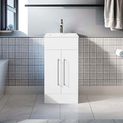 Goodyo 16in Small Bathroom Vanity Single Sink, Freestanding Modern Bathroom Cabinet with White Drop in Sink, 2 Doors Wood Storage Cabinet, White