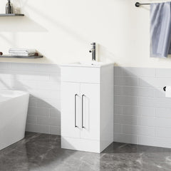 Goodyo 16in Small Bathroom Vanity Single Sink, Freestanding Modern Bathroom Cabinet with White Drop in Sink, 2 Doors Wood Storage Cabinet, White