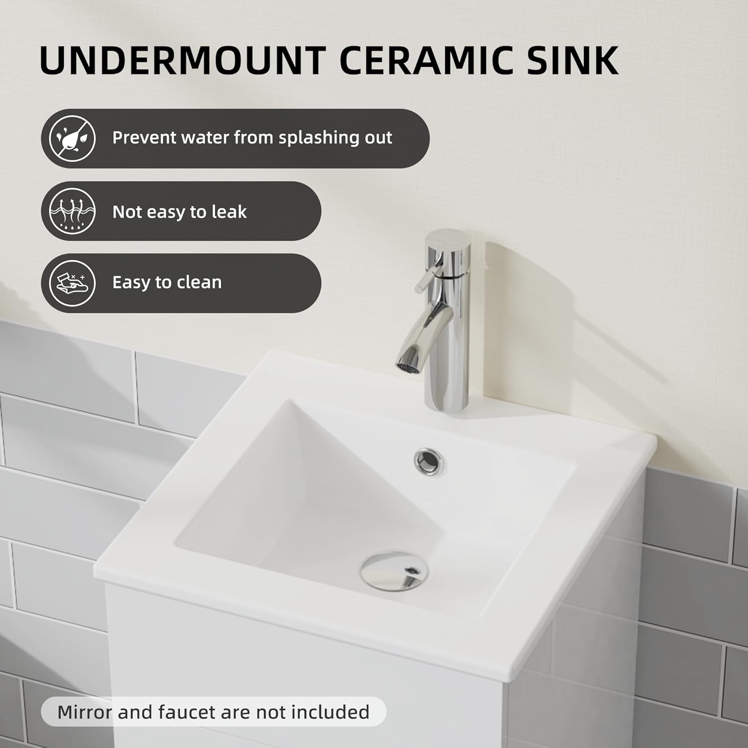 Goodyo 16in Small Bathroom Vanity Single Sink, Freestanding Modern Bathroom Cabinet with White Drop in Sink, 2 Doors Wood Storage Cabinet, White