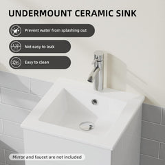 Goodyo 16in Small Bathroom Vanity Single Sink, Freestanding Modern Bathroom Cabinet with White Drop in Sink, 2 Doors Wood Storage Cabinet, White