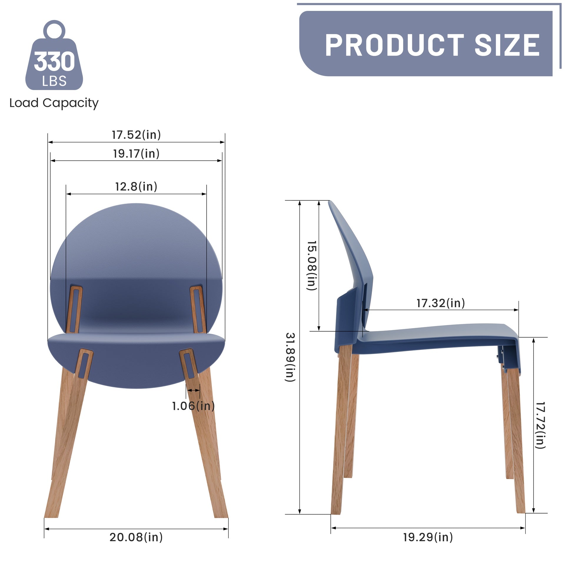 Holiday - 4-Pack Grey Blue Chairs – Red Oak Wood Legs & PP Seat, Indoor Dining & Living Room Furniture Set