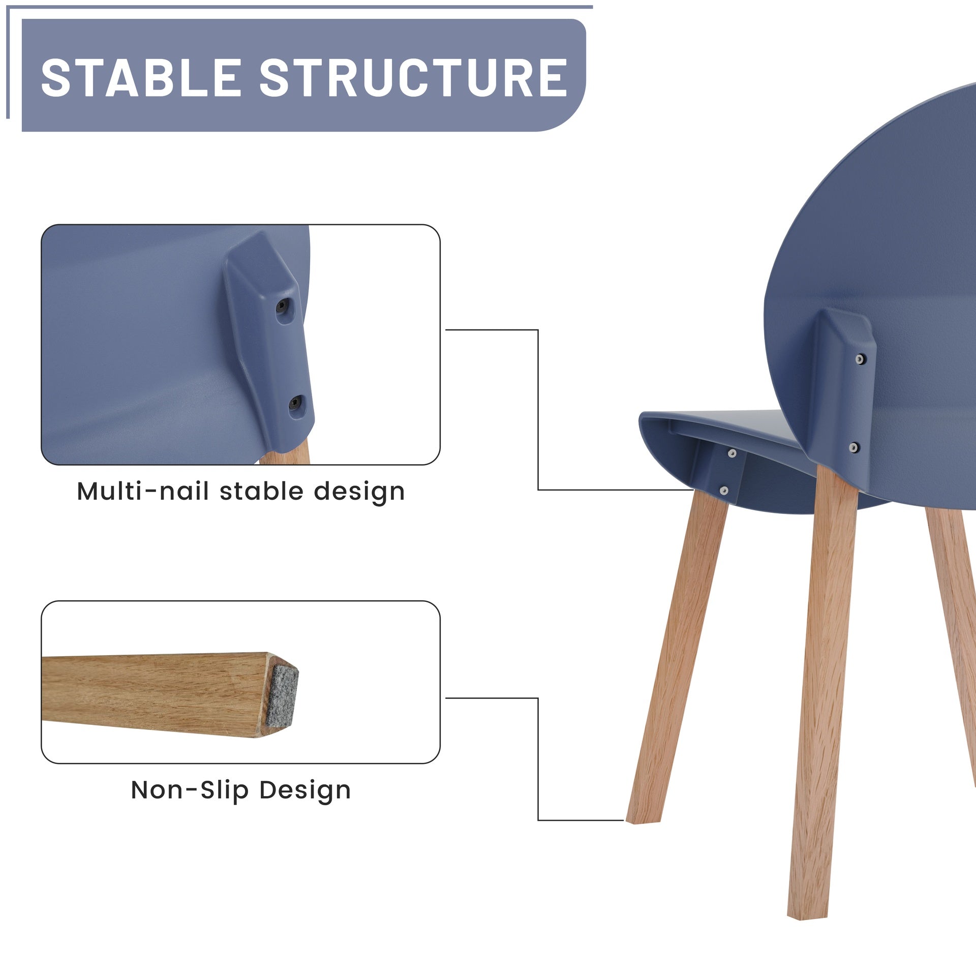 Holiday - 4-Pack Grey Blue Chairs – Red Oak Wood Legs & PP Seat, Indoor Dining & Living Room Furniture Set