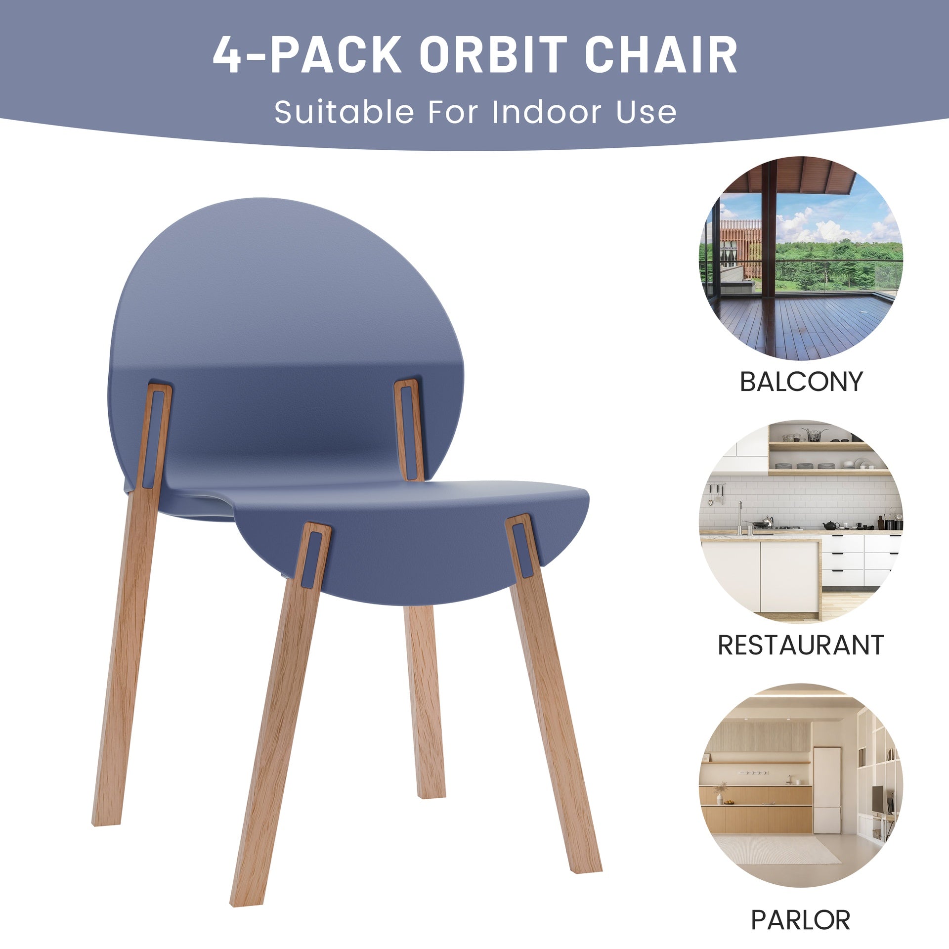 Holiday - 4-Pack Grey Blue Chairs – Red Oak Wood Legs & PP Seat, Indoor Dining & Living Room Furniture Set