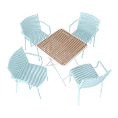 Holiday- 4pcs Light Blue Stackable PP Armchair for Indoor/Outdoor Use-Ergonomic Slatted Back with Modern folding indoor/outdoor multi-functional square table- PP tabletop with metal legs(White, khaki)