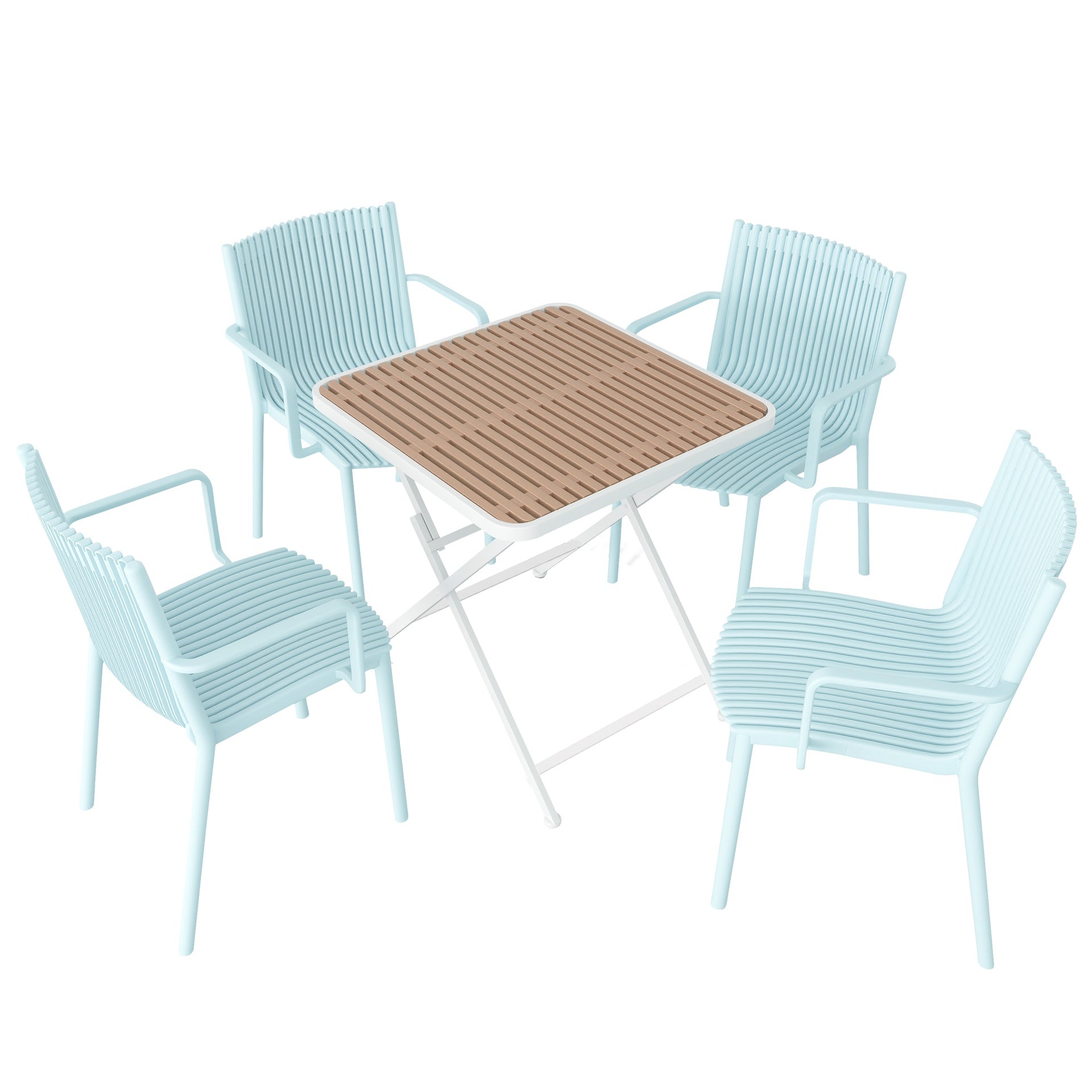 Holiday- 4pcs Light Blue Stackable PP Armchair for Indoor/Outdoor Use-Ergonomic Slatted Back with Modern folding indoor/outdoor multi-functional square table- PP tabletop with metal legs(White, khaki)