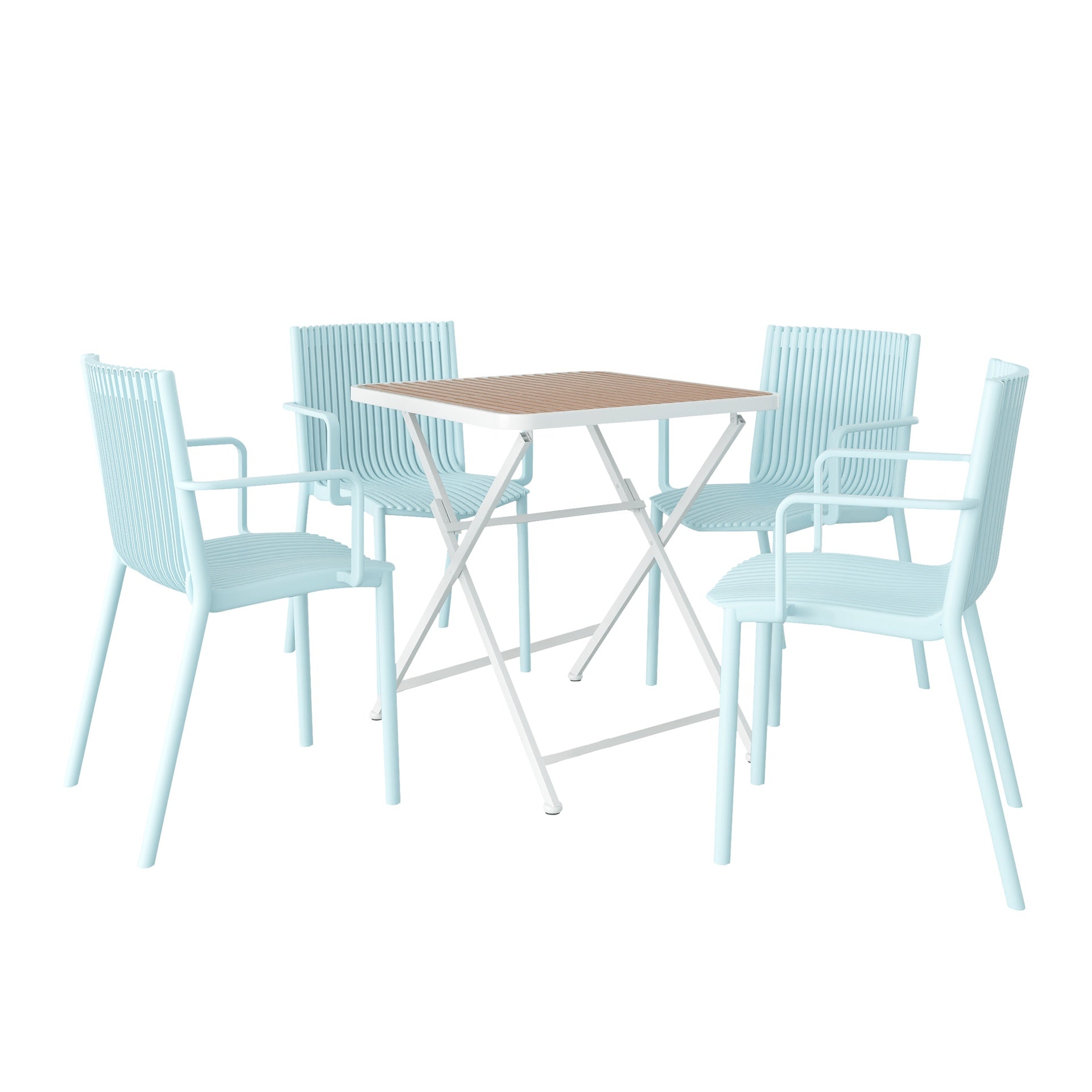 Holiday- 4pcs Light Blue Stackable PP Armchair for Indoor/Outdoor Use-Ergonomic Slatted Back with Modern folding indoor/outdoor multi-functional square table- PP tabletop with metal legs(White, khaki)