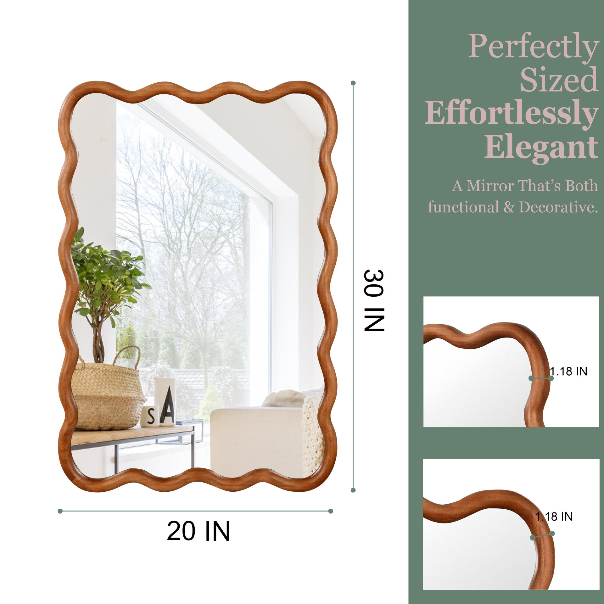 Yellowish Brown 20"x30" Wavy Rectangle Solid Wood Frame Decorative Mirror,For Bedroom, Bathroom, Living Room, Entryway