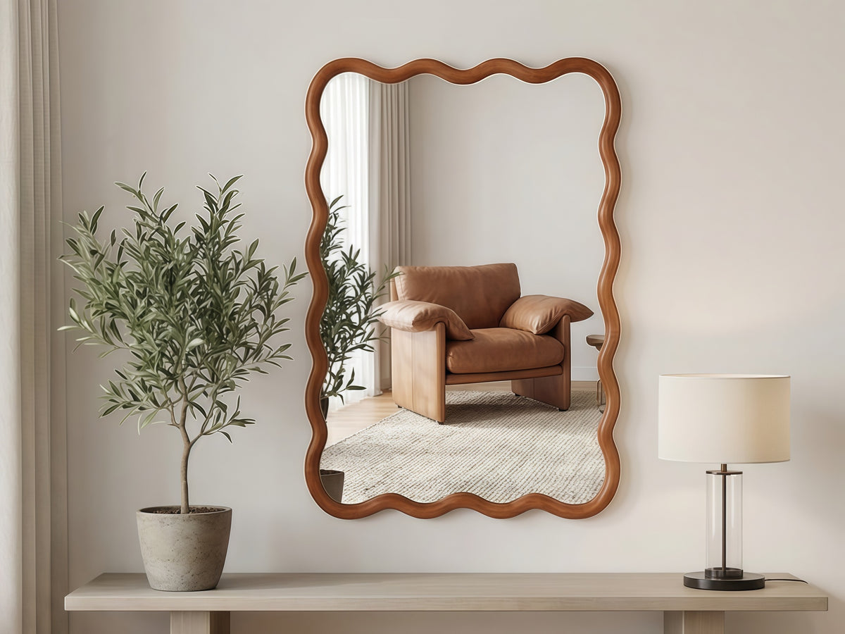 Yellowish Brown 20"x30" Wavy Rectangle Solid Wood Frame Decorative Mirror,For Bedroom, Bathroom, Living Room, Entryway
